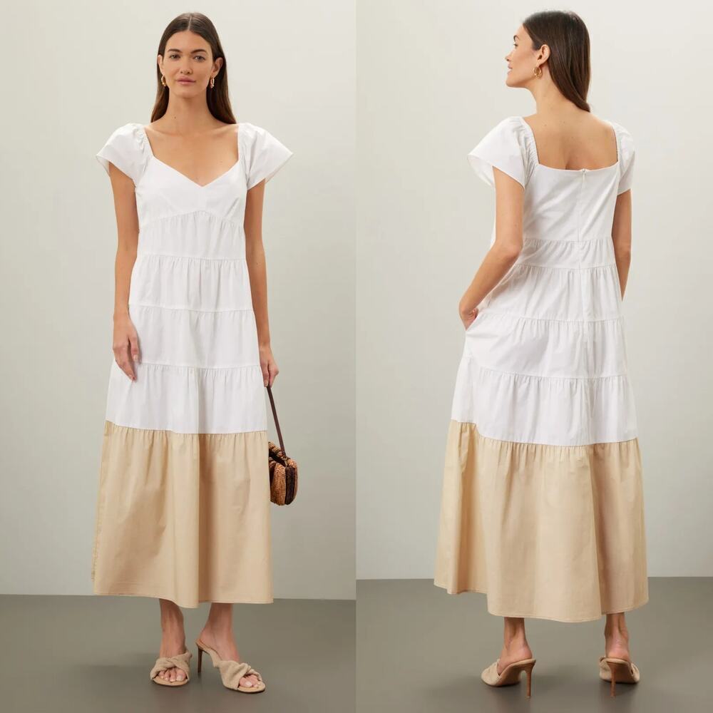 Donna Morgan Tiered Dress Cap Sleeve V-Neck Maxi A-Line White Tan Colorblock 8